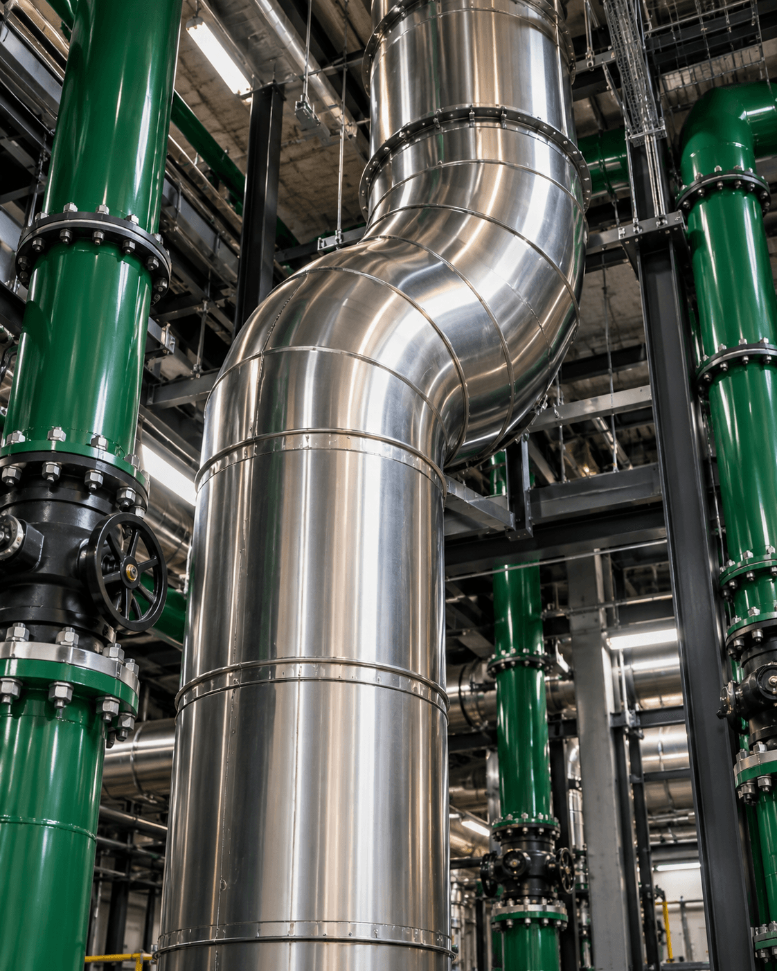 Curved stainless duct and green mechanical pipes