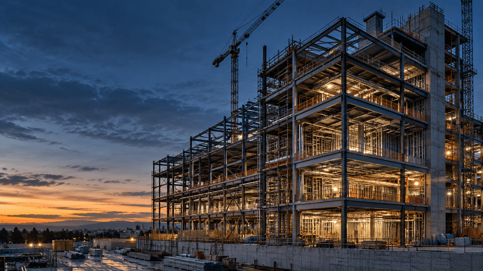 Multi-story steel building under construction at dusk