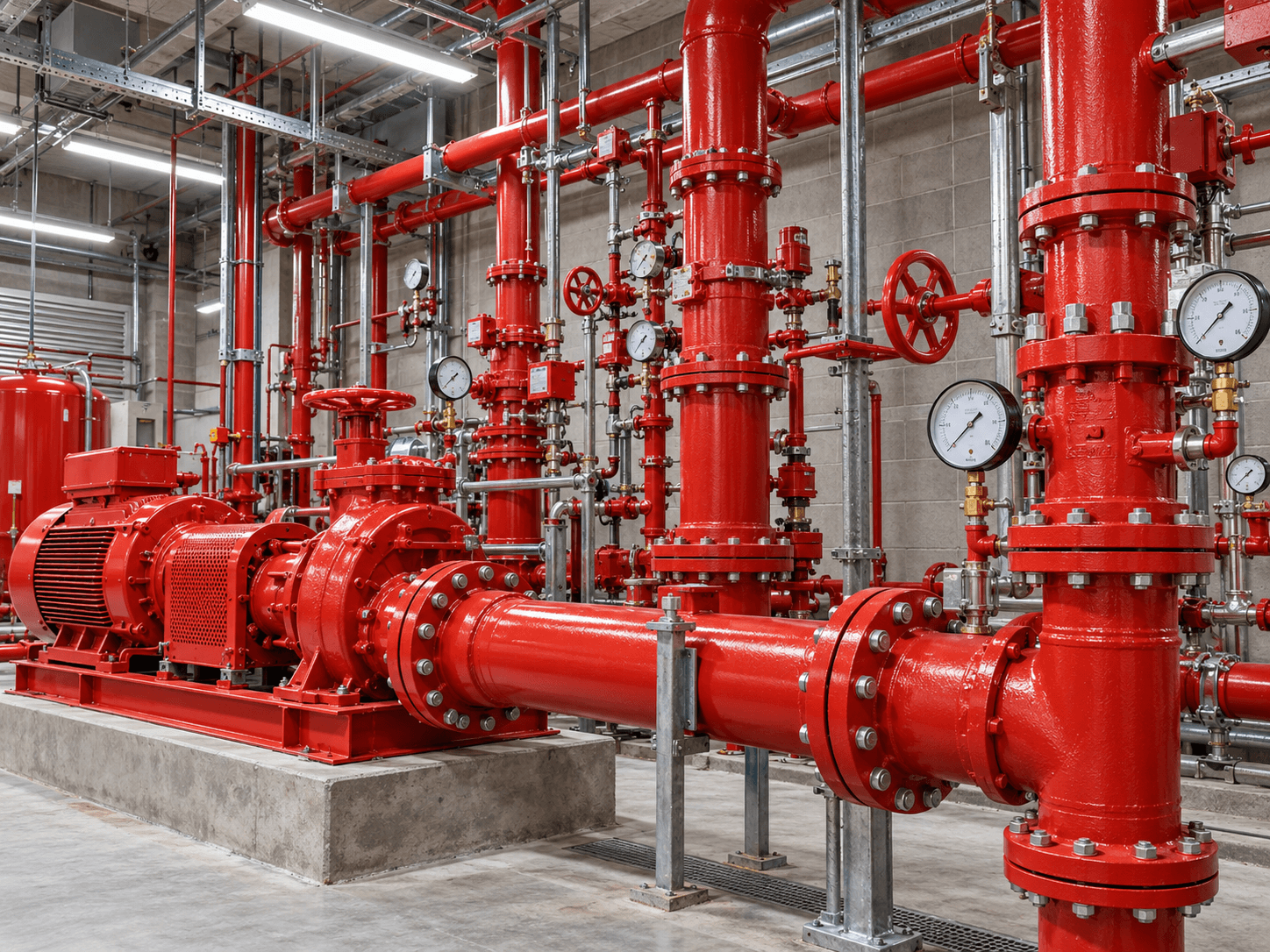 Red fire protection pipework and pressure gauges