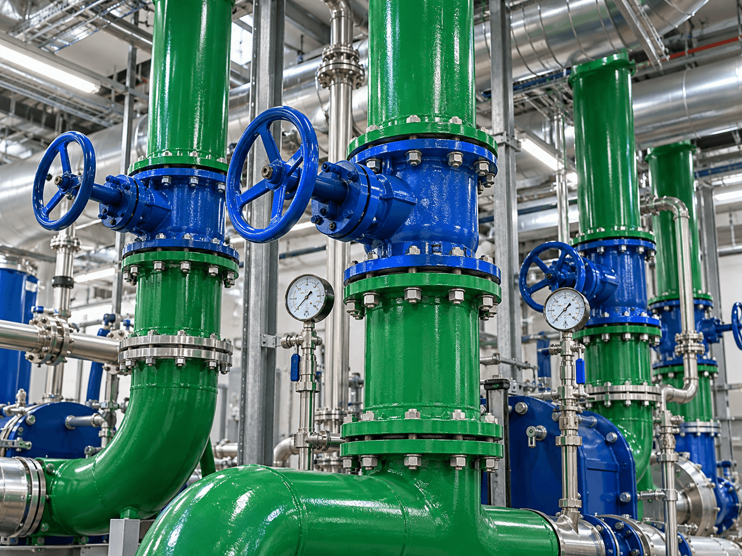 Green water pipes with blue valves and pressure gauges